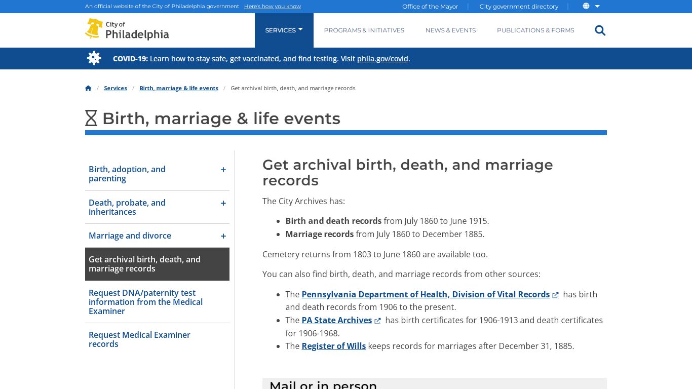 Get archival birth, death, and marriage records | Services